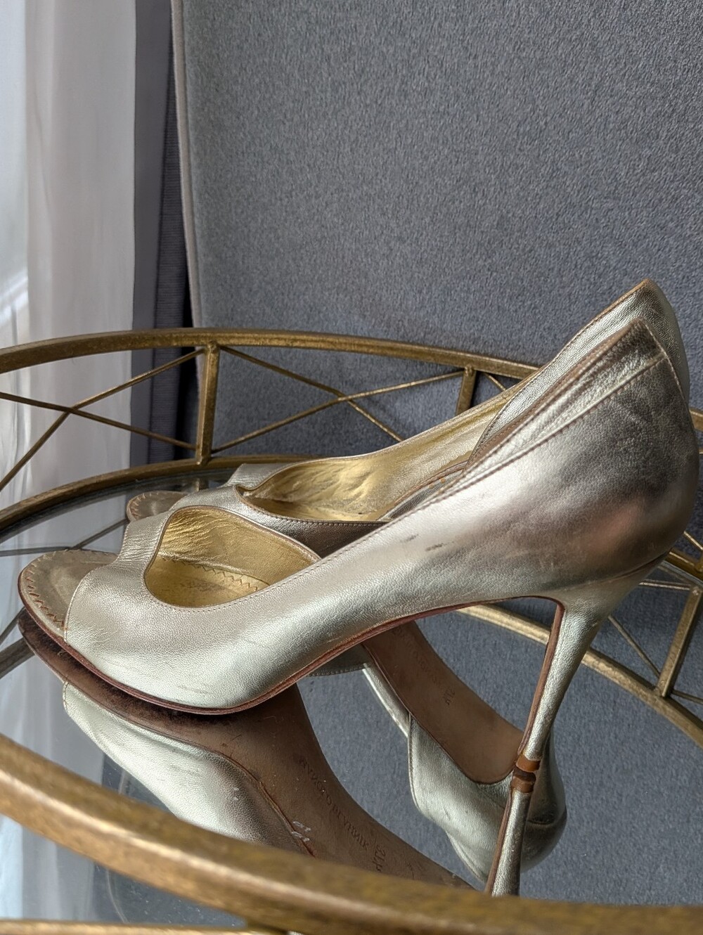 Manolo Blahnik Metallic Gold Peep-Toe Stiletto Pumps